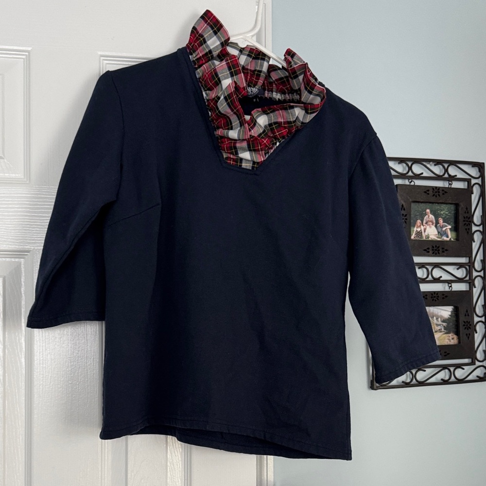 Elizabeth Wilson Designs. Navy sweatshirt with Red Plaid Ruffle Collar and bows.